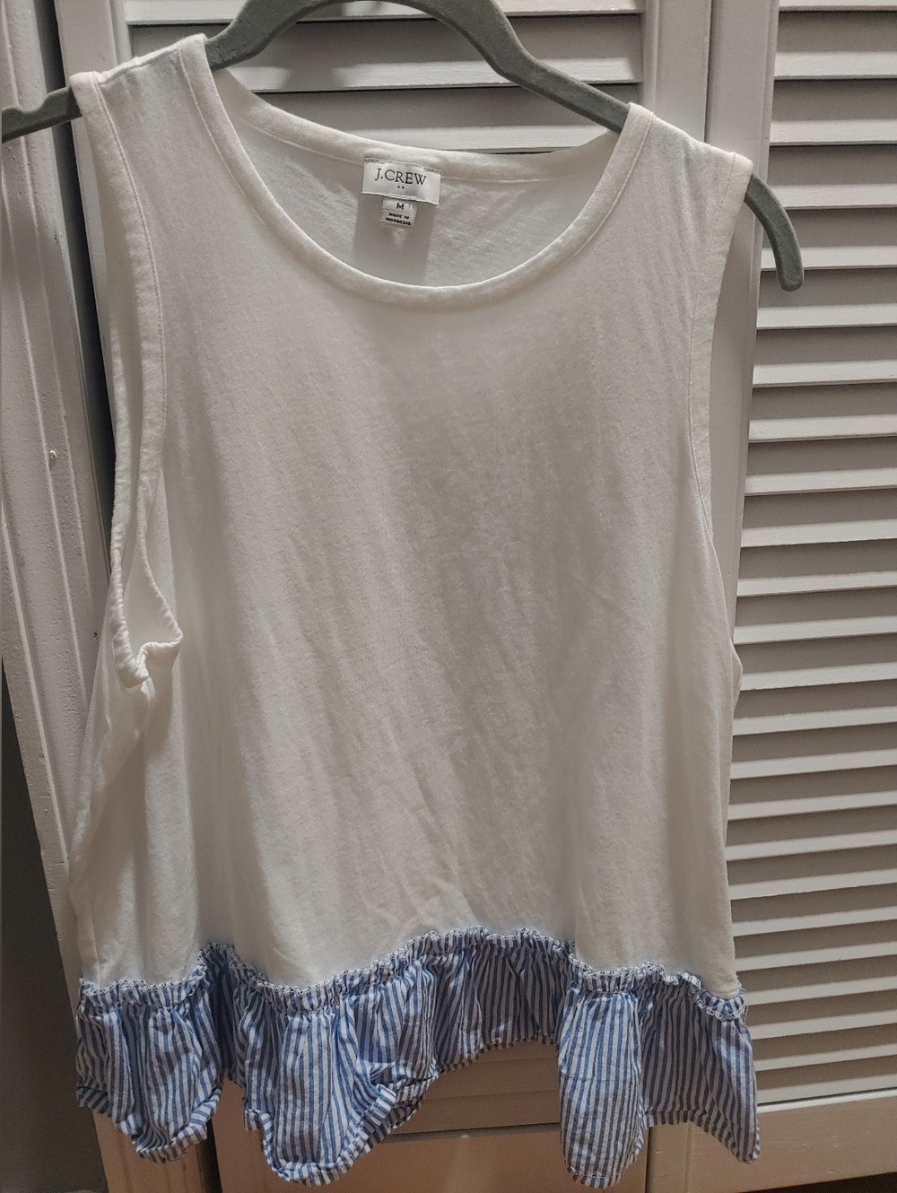 J. Crew White Tank Top with Blue Striped Ruffle Hem / Size Medium